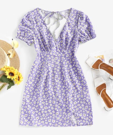 Print ZAFUL Daisy Floral Cutout Tie Slit Dress L Light purple