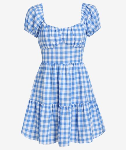 Casual ZAFUL Gingham Puff Sleeve Tiered Dress L Light blue