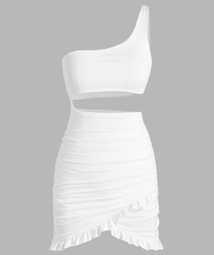 Bodycon Dress One Shoulder Cutout Ruched Ruffle Slinky Dress M White