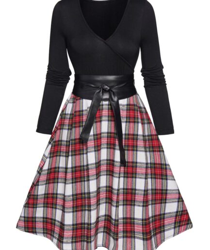 Women Plaid Print Belted Mini Dress V Neck Long Sleeve High Waist Dress Clothing M Black