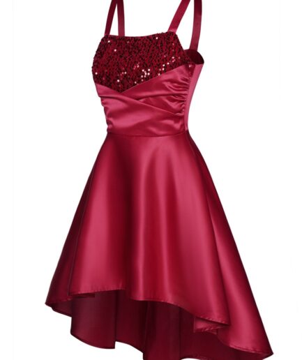 Dresslily Women Sequined Panel Party Dress Crossover Ruched High Waisted High Low Mini Dress Clothing L Deep red