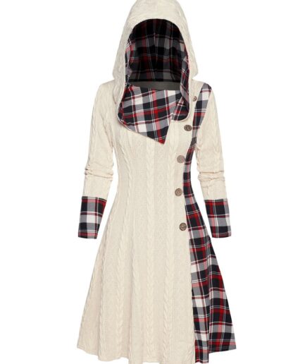 Dresslily Women Cable Knit Hooded Dress Plaid Print Panel Mock Button High Waisted Long Sleeve A Line Mini Dress Clothing L Light yellow