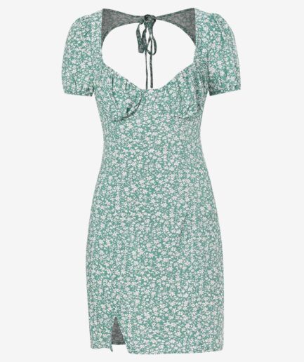 Print Ditsy Floral Tie Back Puff Sleeve Milkmaid Dress M Deep green