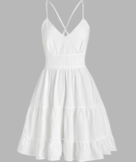 Mini Dress ZAFUL Crisscross Open Back Frilled Tiered Sundress L White