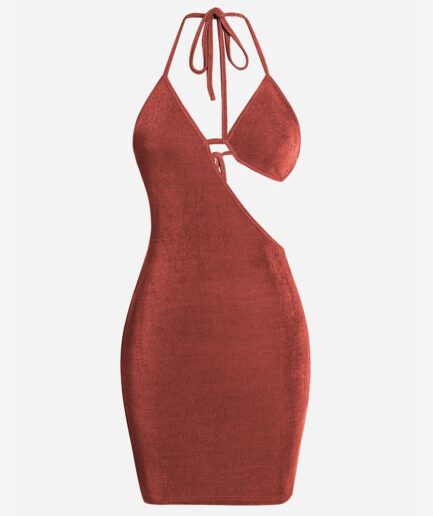 Mini Dress ZAFUL Bra Cutout Jersey Backless Halter Slinky Dress L Deep coffee