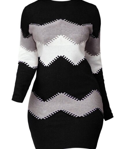 Women Chevron Print Mini Dress Long Sleeve Round Neck Sheath Dress Clothing L Multicolor a