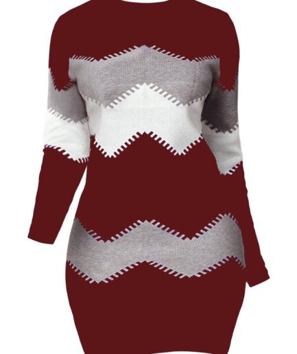 Women Chevron Print Mini Dress Long Sleeve Round Neck Sheath Dress Clothing L Deep red