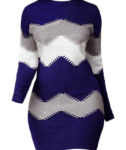 Women Chevron Print Mini Dress Long Sleeve Round Neck Sheath Dress Clothing L Deep blue