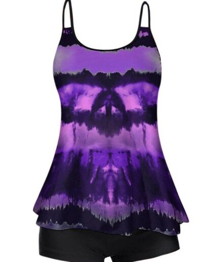 Dresslily Women Modest Tankini Swimsuit Tie Dye Swimwear Dual Strap Boyshorts Beach Bathing Suit Swimsuit M Purple