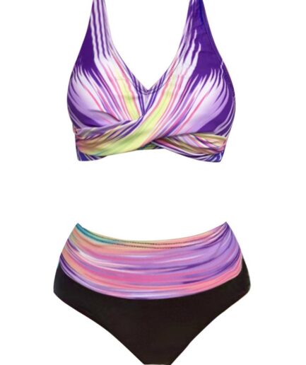 Dresslily Women Colorful Striped Print Bikini Swimsuit Crossover Cut Out Bikini Two Piece Set Adjustable Straps High Leg Bathing Suit Swimsuit L Light