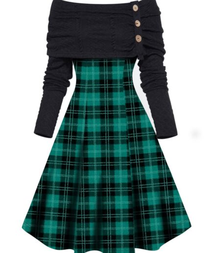 Dresslily Women Plaid Print Panel Dress Foldover Mock Button Off the Shoulder A Line Mini Dress Clothing L Deep green