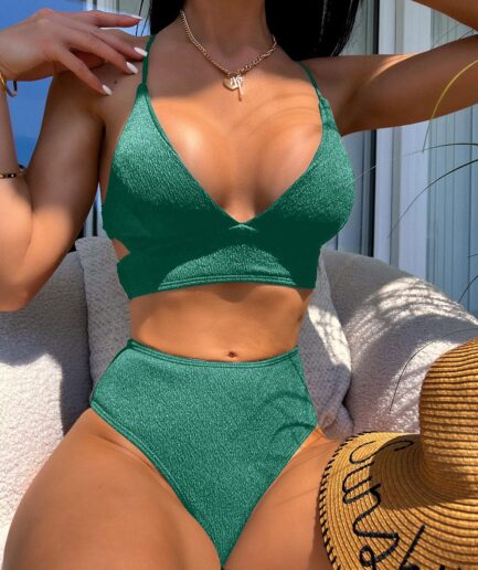 Fashion Women Tankinis ZAFUL Crinkle Lace Up High Waisted Bikini Swimwear L Green