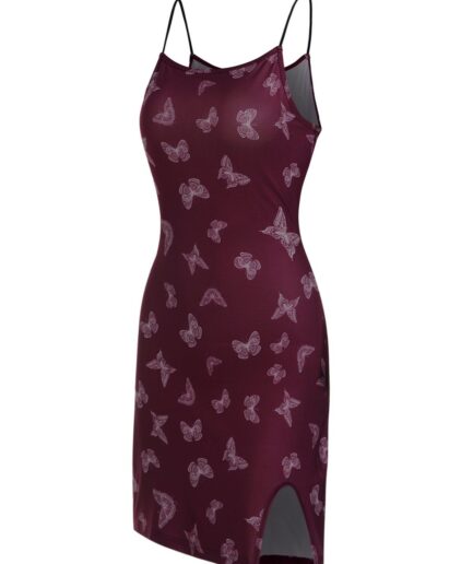 Women Butterfly Print Mini Cami Dress Spaghtti Strap Side Slit Party Bodycon Dress Clothing L Deep red