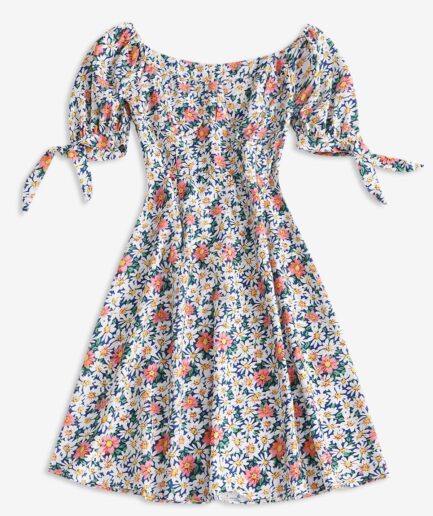 Mini Dress Tie Sleeve Bustier Smocked Back Floral Dress M