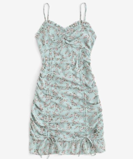 Mini Dress Ditsy Print Ruffle Cinched Ruched Slinky Mini Dress M Green