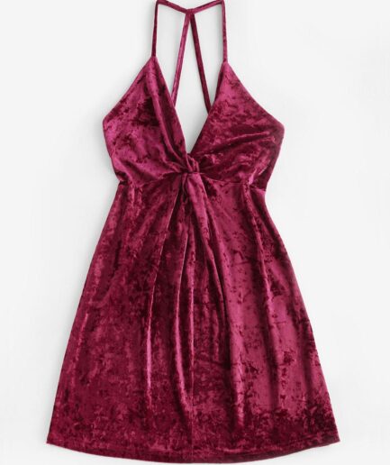 Mini Dress ZAFUL Twisted Backless Velvet Cami Dress M Deep red