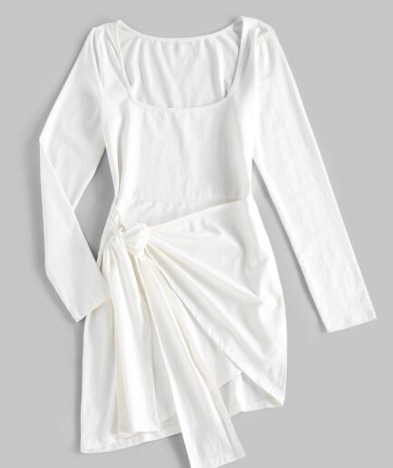 Mini Dress ZAFUL Tie Knot Asymmetric Bodycon Mini Dress M White