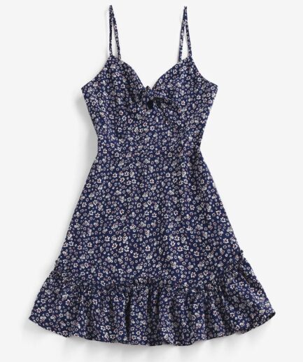 Mini Dress ZAFUL Tie Knot Tiny Floral Print Flounced Dress L Deep blue