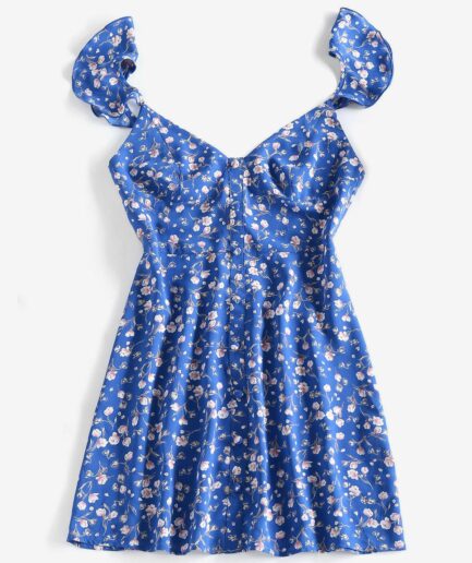 Mini Dress ZAFUL Floral Print Flutter Sleeve Mini A Line Dress M Blue