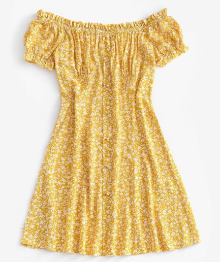 Print ZAFUL Off The Shoulder Ditsy Print Frilled Dress M Yellow