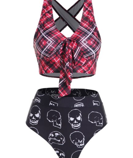 Dresslily Women Plaid Skull Print Tummy Control Bikini Swimsuit Bowknot Crossover High Waist Bathing Suit Swimsuit L Red