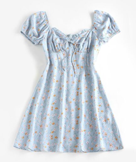 Print ZAFUL Ditsy Floral Puff Sleeve Milkmaid Dress L Light blue