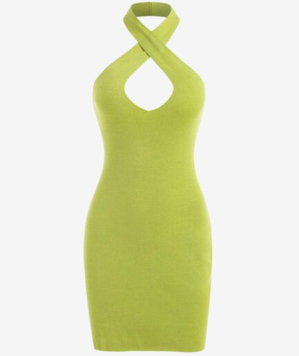Bodycon Dress Criss Cross Halter Knitted Slinky Dress M Green