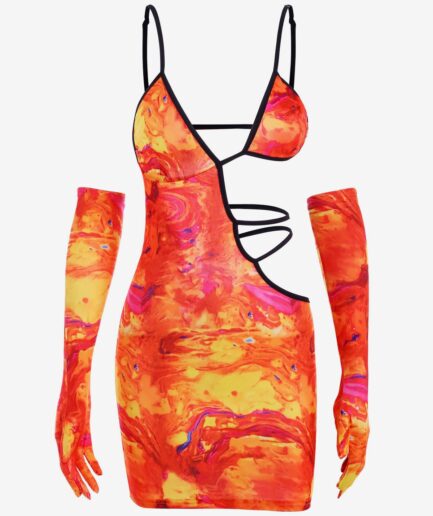 Bodycon Dress Evening Gloves Tie Dye String Cutout Bodycon Dress M Orange