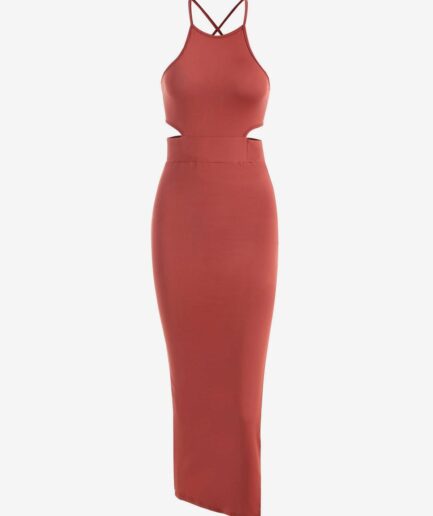 Bodycon Dress Crisscross Back Cutout Split Side Slinky Jersey Dress M Red