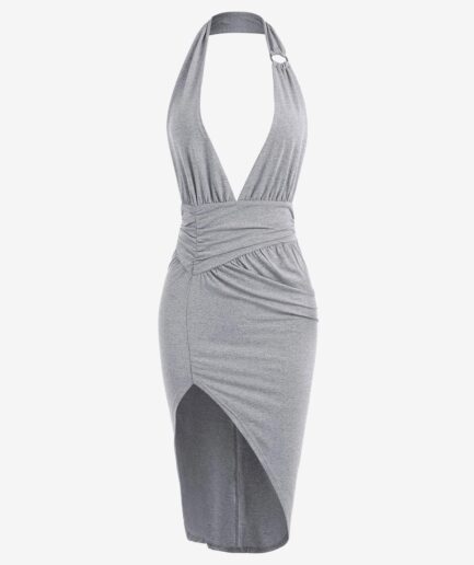Bodycon Dress Halter Ring Ruched Split Bodycon Dress M Light gray