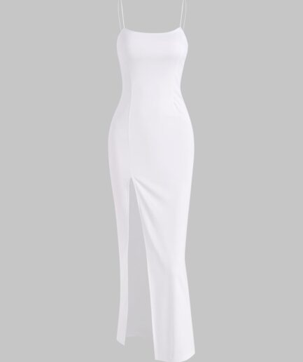 Bodycon Dress Slit Floor-length Dress Summer High Stretch Sleeveless Daily Wedding Guest Spaghetti Strap Thigh Split Slinky Bodycon Dress L White