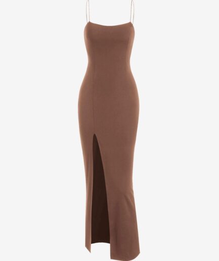 Bodycon Dress Slit Floor-length Dress Summer High Stretch Sleeveless Daily Wedding Guest Spaghetti Strap Thigh Split Slinky Bodycon Dress L Light coff