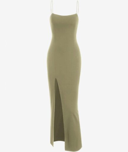 Bodycon Dress Slit Floor-length Dress Summer High Stretch Sleeveless Daily Wedding Guest Spaghetti Strap Thigh Split Slinky Bodycon Dress M Green