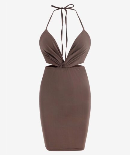 Bodycon Dress Twisted Cut Out Halter Backless Bodycon Dress L Deep coffee