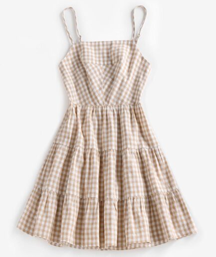 Casual ZAFUL Gingham Tiered Pep Hem Cutout Cami Sundress M Light coffee