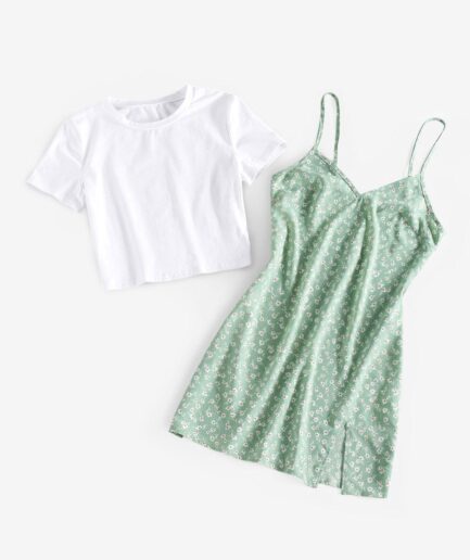 ZAFUL Basic T-shirt and Floral Cami Sundress Set L Light green
