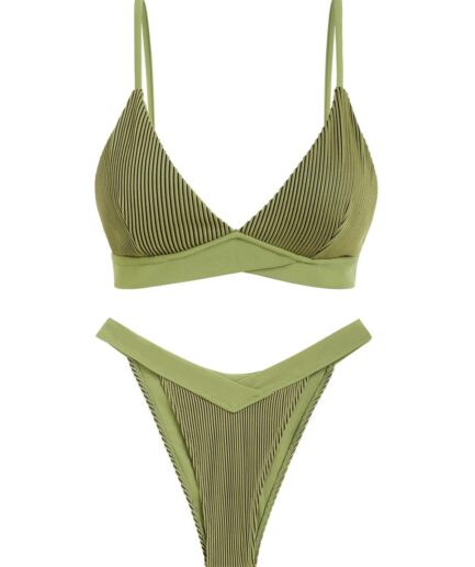 ZAFUL Crossover Two Tone Ribbed High Leg Cheeky Matching Bikini Set Green