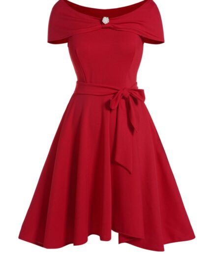 Dresslily Women Artificial Pearl Detail Belted Mini Dress Short Sleeve High Waist Party Dress Clothing L Deep red