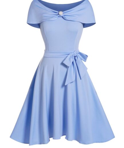 Dresslily Women Artificial Pearl Detail Belted Mini Dress Short Sleeve High Waist Party Dress Clothing L Light blue