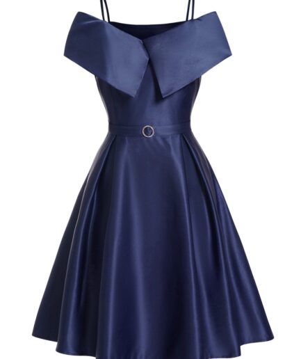 Dresslily Women Cold Shoulder Party Dress Foldover Spaghetti Straps Rhinestone Ring Detail A Line Mini Dress Clothing L Deep blue