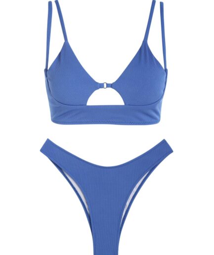 ZAFUL High Leg Brazilian Ribbed Double Strap Cut Out Bikini Swimwear Blue