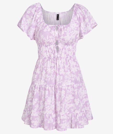 Mini Dress ZAFUL Flower Print Flutter Sleeve Tie Tiered Dress L Light purple