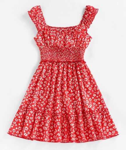 Mini Dress ZAFUL Ditsy Print Ruffle Smocked Mini Dress M Red