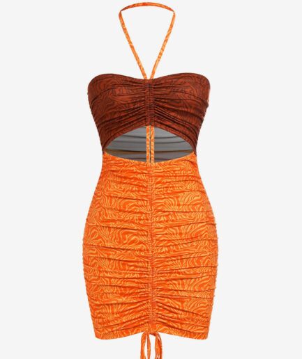 Mini Dress ZAFUL Halter Two Tone Cutout Bodycon Dress L Orange