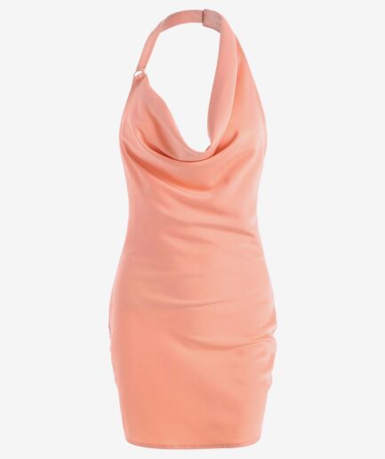 Mini Dress Cowl Neck Halter Backless Ruched Sheath Dress L Light pink
