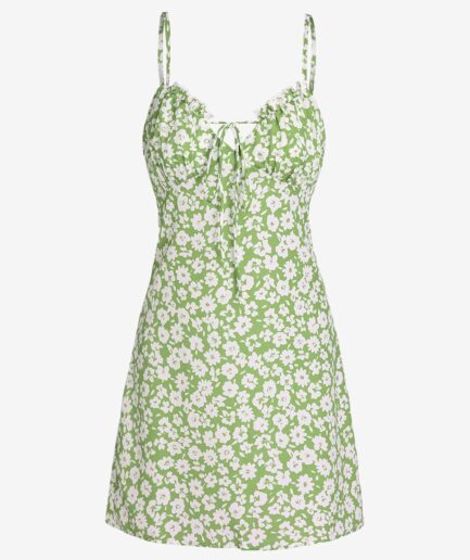 Mini Dress ZAFUL Floral Print Front Tie Mini Sundress M Light green