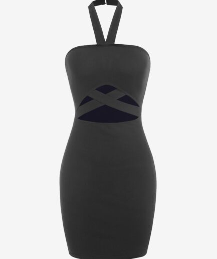Mini Dress Halter Criss Cross Cutout Bodycon Dress L Black