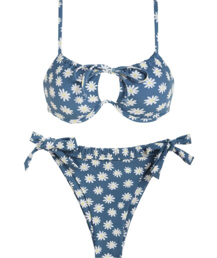 ZAFUL Floral Tie Side Drawstring Monowire Bikini Swimwear Blue