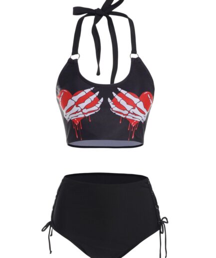 Dresslily Women Skeleton Bloody Heart Print Bikini Swimsuit Padded Halter Bikini Two Piece Swimwear Lace Up High Waist Bathing Suit Swimsuit M Black
