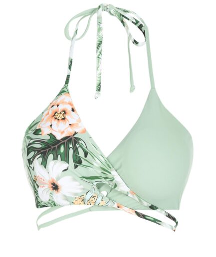 Floral Leaves Print Floss Bikini Top L Green